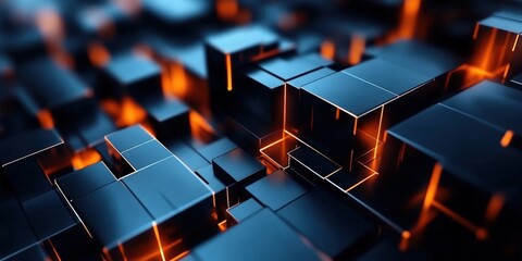 Fototapeta premium Futuristic Abstract Design Featuring Glowing Orange Lines Intersecting Dark Cubes with Metallic Textures in a Dynamic Digital Environment