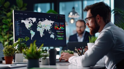 Analyzing global market trends office environment data visualization professional setting close-up view business insights
