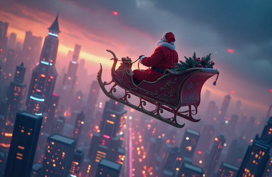 Santa's sleigh flying over a futuristic city, bright neon lights, evening sky.
- Powered by Adobe