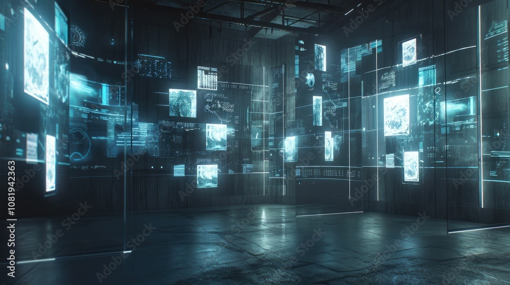 Poster floating holographic interfaces in a dark room