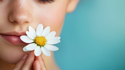 A close-up of a young person gently holding a daisy near their face, showcasing serene beauty against a soft blue background.