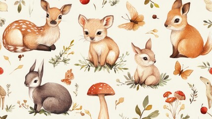 Fototapeta premium A whimsical array of woodland animals including a fawn, a squirrel, and a bunny, surrounded by delicate flowers and mushrooms.