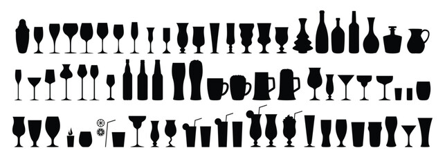 Silhouettes various alcohol cocktail glasses bar set. Black Isolated Glasses of wine, glasses of beer, bar bottles and shot glasses