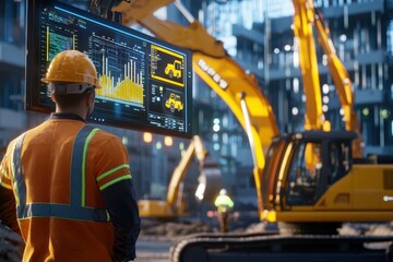 Construction worker monitoring equipment performance on site urban environment digital display professional perspective technology integration