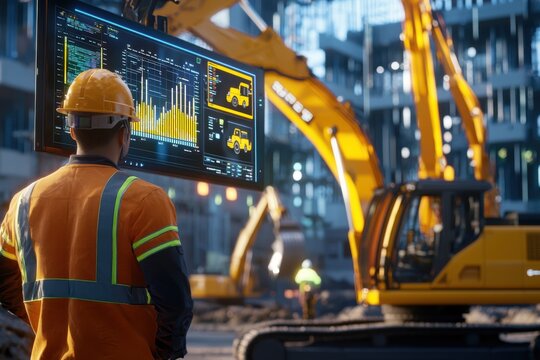 Construction worker monitoring equipment performance on site urban environment digital display professional perspective technology integration