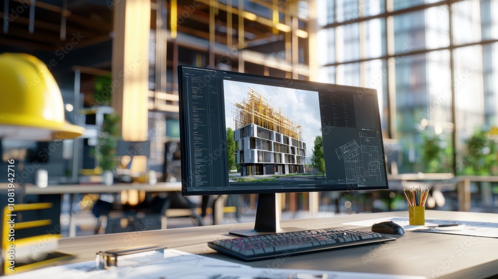Aufkleber architectural design rendering modern office digital blueprint urban environment professional viewpo