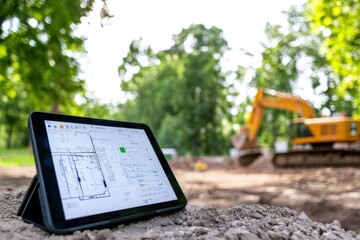 Ai-enhanced construction scheduling job site digital tablet outdoor close-up technology