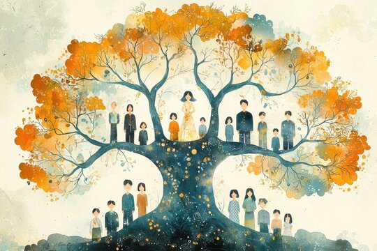 Community connection beneath a majestic tree artistic representation dreamy atmosphere whimsical style family unity