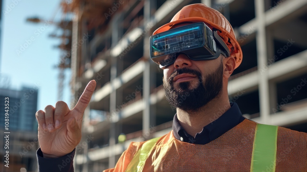 Poster Construction worker using virtual reality technology on job site urban environment modern workplace innovative approach