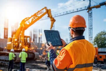 Construction telematics systems in action at job site industry photograph urban setting aerial view innovative technology
