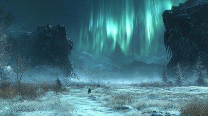 Fototapeta premium Enchanting Landscape Under the Northern Lights, Featuring Majestic Snowy Mountains and a Mystical Atmosphere, Capturing the Essence of Nature's Beauty at Night