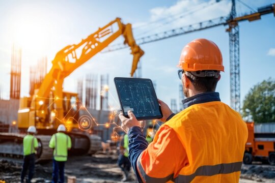 Construction telematics systems in action at job site industry photograph urban setting aerial view innovative technology