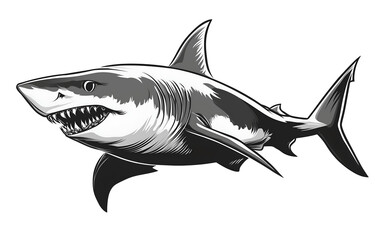 Fototapeta premium great white shark in black and white ink on white background