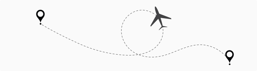 Airplane line path vector icon set of air plane flight route with start point and dash line trace. Plane vector icon and dotted line airplane path 16