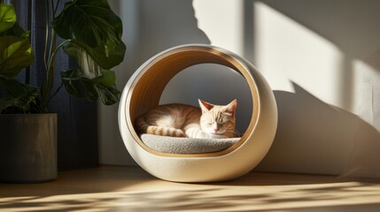 Cozy and Stylish Cat Bed with a Sleeping Ginger Cat in Sunlight Surrounded by Indoor Plants and Warm Natural Light in a Modern Home Environment