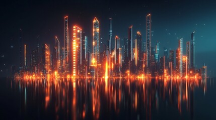 Glowing Cityscape Skyline Lighting Up with Loading Progress Bar Symbolizing Urban Growth and Development