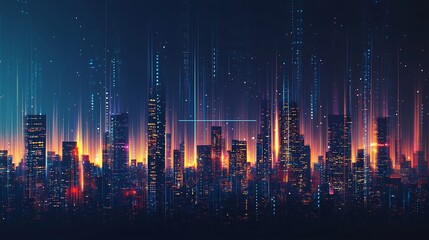 Fototapeta premium Digital urban skyline lights up gradually with progress bar symbolizing growth and development