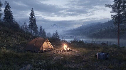 Tranquil Camping Experience at Dawn by a Lake with a Glowing Campfire and a Cozy Tent Surrounded by Nature and Shrouded in Misty Mountains