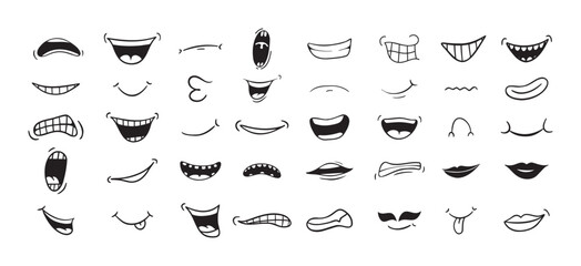 Cartoon mouth happy, smile, sad, angry expression doodle set. Hand drawn mouth, tongue caricature icon. Funny comic mouth collection 