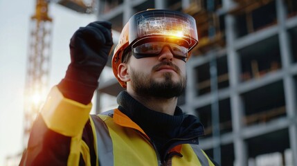 Construction worker using augmented reality technology on site urban environment realistic scene