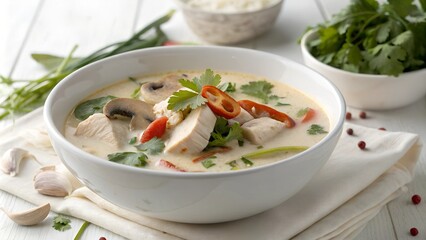 Tom Kha Gai soup with herbs and coconut milk.