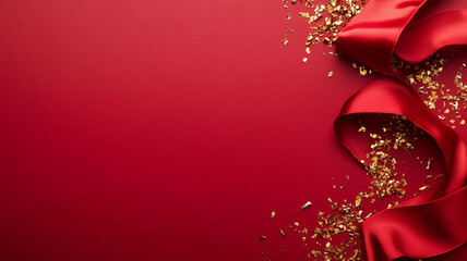 Elegant red silk ribbon with gold confetti on vibrant background
