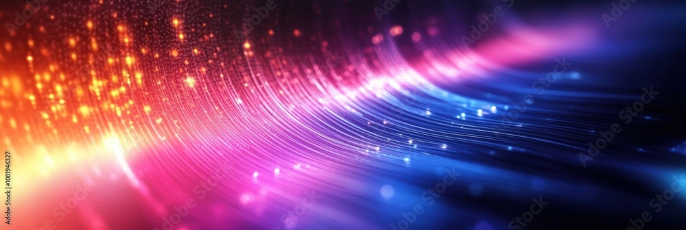 Poster vibrant abstract light waves with shimmering particles in a dynamic colorful spectrum, capturing the