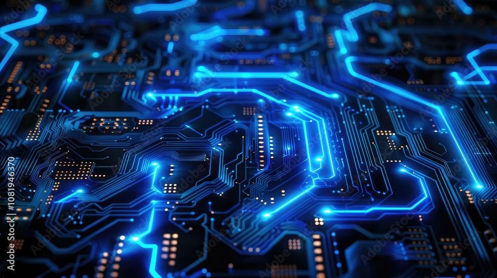 Poster neon blue circuit lines on a dark abstract background