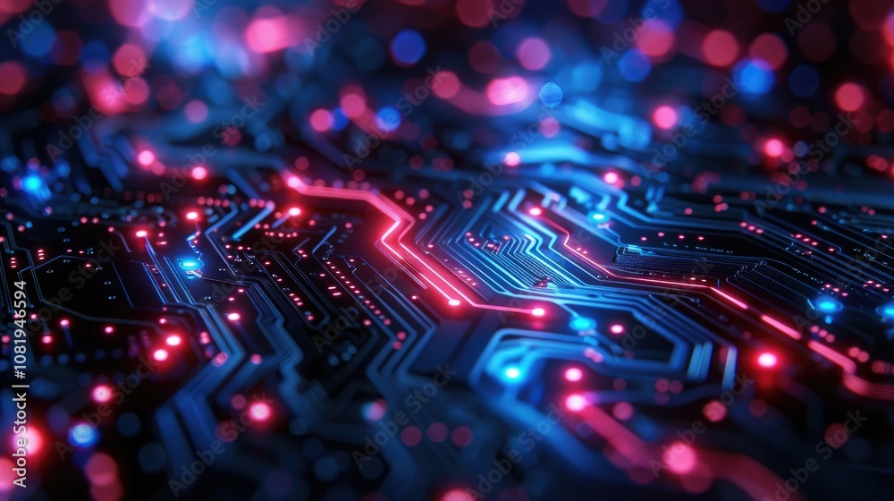 Poster neon blue circuit lines on a dark abstract background