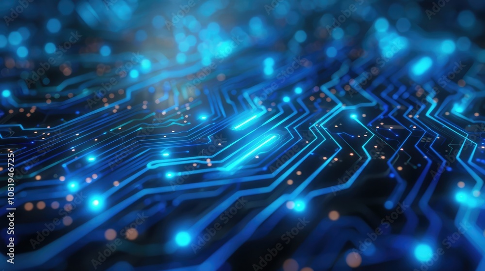 Poster neon blue circuit lines on a dark abstract background