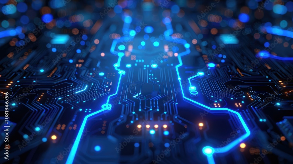 Poster neon blue circuit lines on a dark abstract background