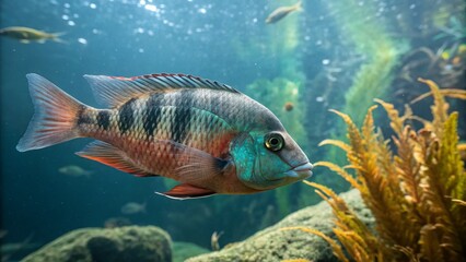 Stunning Double Exposure of a Full Grown Firemouth Cichlid Merging with Vibrant Underwater Flora Captured in a Unique Artistic Perspective for Nature Enthusiasts