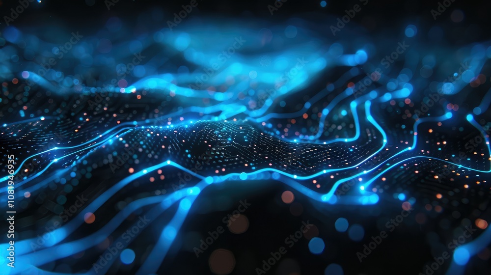 Poster neon blue circuit lines on a dark abstract background