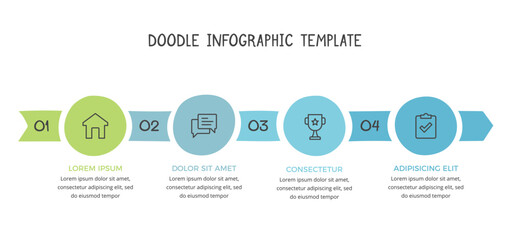 Obraz premium Hand drawn infographic template - arrow with 4 connected circles with place for your icons and text, vector eps10 illustration