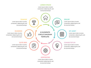 Hand drawn circle chart template with 8 parts, doodle infographics, vector eps10 illustration