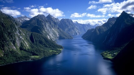 Stunning view of a tranquil fjord surrounded by majestic mountains in New Zealand under a clear blue sky on a sunny day
