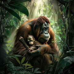 Obraz premium Orangutan Mother with Baby in Rainforest Canopy – Wildlife Scene