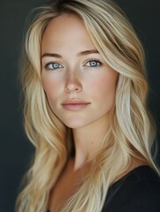 Naklejka premium 28-year-old blonde woman with long hair, blue eyes, and a small scar on her face, looking softly at the camera, minimal makeup