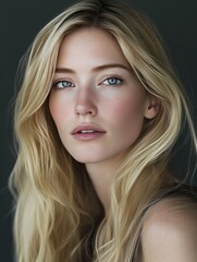Fototapeta premium 28-year-old blonde woman with long hair, blue eyes, and a small scar on her face, looking softly at the camera, minimal makeup