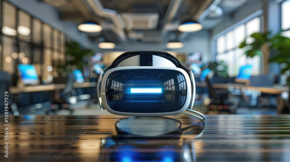 Poster modern office with virtual reality setup for training