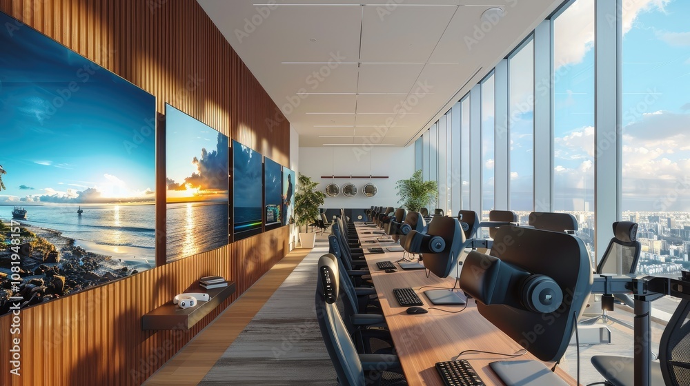 Poster modern office with virtual reality setup for training