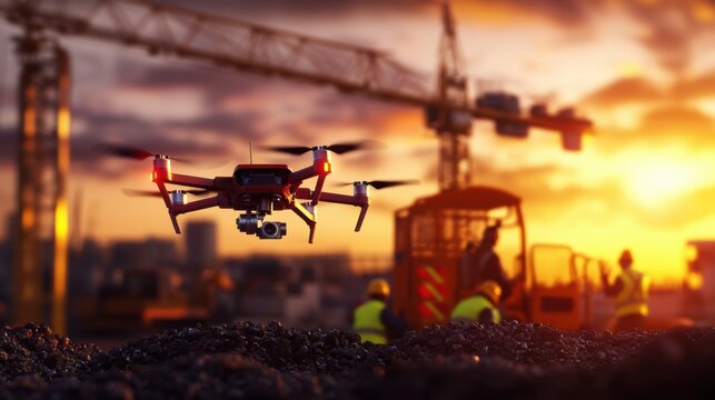 Autonomous drones inspecting construction sites at sunset