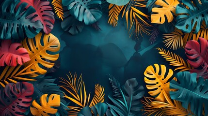 Tropical Leaves Illuminated with space and Notanical herbal exotic tropical plants herbs flowers botanical foliage background nature jungle lanfscape. Graphic Art