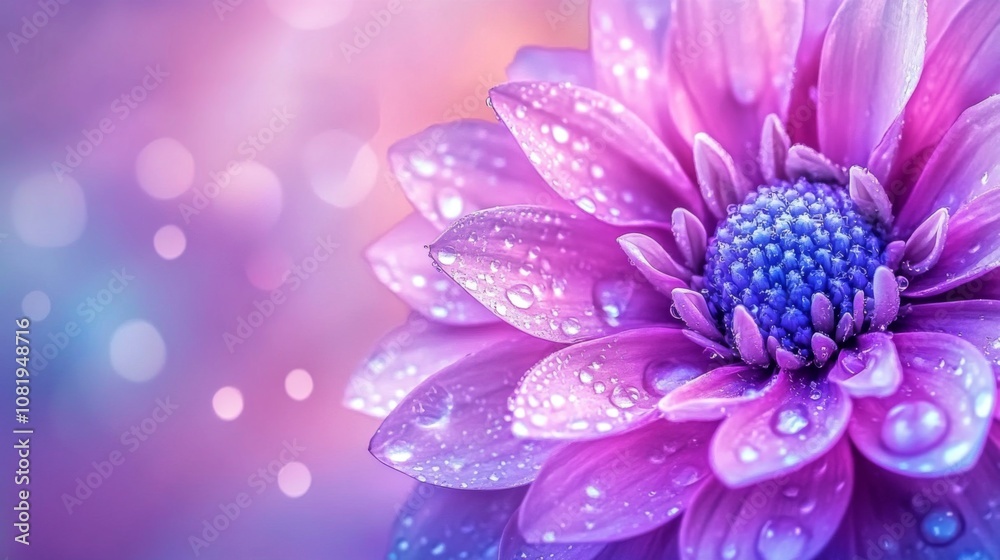 Aufkleber Close-Up View of a Beautiful Purple Flower with Water Droplets Sparkling on Petals Against a Soft Colorful Background with Bokeh Effect