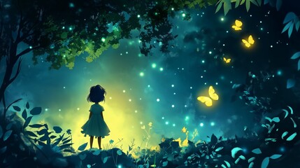 cute cartoon artful illustration kid adventure at forest at night , little girl in white pretty dress walking carefully on wood trail	
