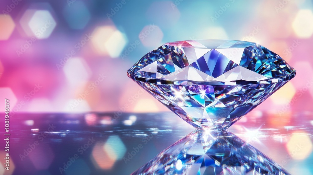 Poster beautiful diamond on reflective surface with colorful bokeh background, sparkling gemstone captured 