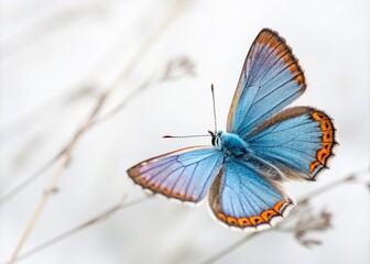 Obraz premium Stunning Low Light Capture of a Beautiful Blue-Orange Butterfly in Flight Isolated on a Crisp White Background for Nature and Wildlife Photography Enthusiasts