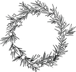 Obraz premium Christmas Wreath pine branches with stars. Black and white doodle sketch. Isolated Vector illustration, Coloring.
