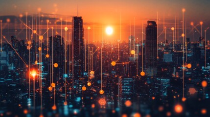 Fototapeta premium A smart city concept with high-rise buildings and futuristic urban infrastructure, focusing on sustainable development and advanced city planning