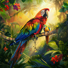 Obraz premium Mother Macaw with Chick in Rainforest Canopy – Wildlife Art